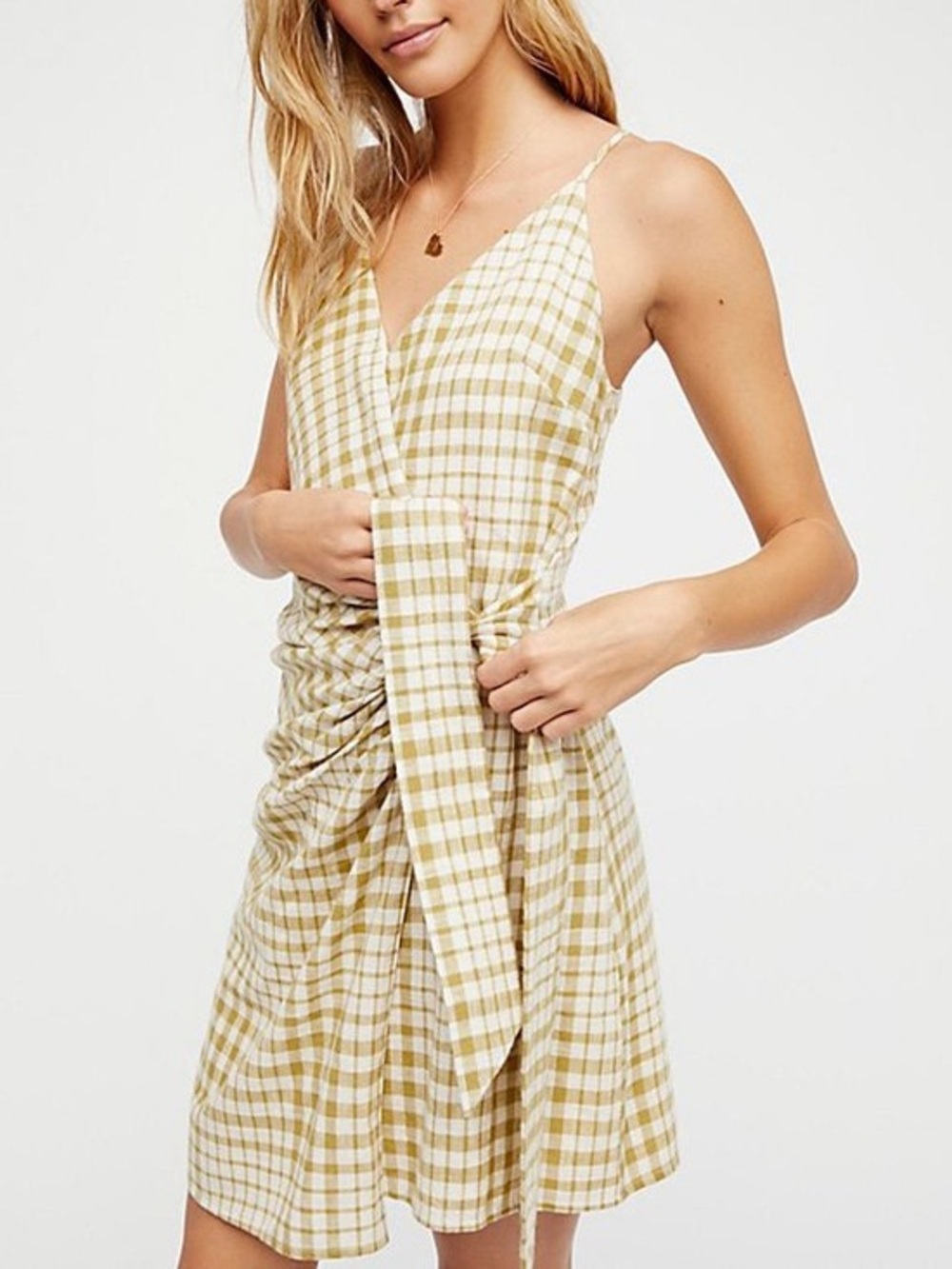 Free People Nodia Wrap Mini Dress Plaid Gingham in Olive and White